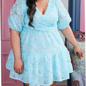 Eloquii Sheer Floral Mini Dress Blue